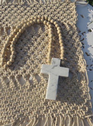 White Stone Cross on Wooden Bead Necklace