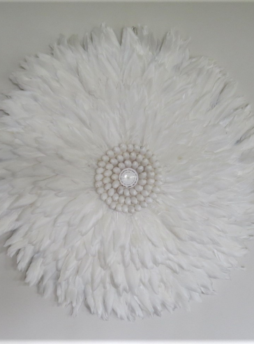 White Feather Round Wall Hanging With Cowrie Shell-Large Juju Hat