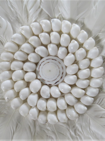 White Feather Round Wall Hanging With Cowrie Shell-Large Juju Hat