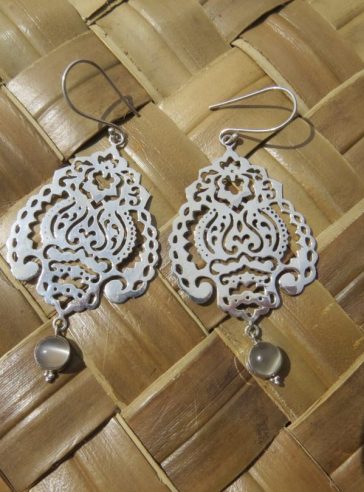 Large Ornate Silver Earrings with Moonstone