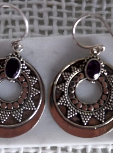 Amethyst and Silver Circle Patterned Earrings